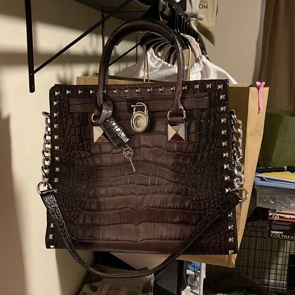 Michael Kors Hamilton Crocodile embossed black/gray with metal studs.
